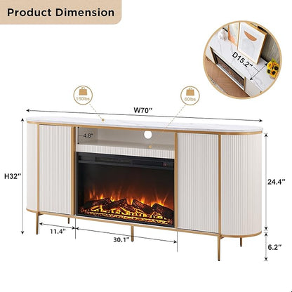 OKD Luxury 70" Fluted Fireplace TV Stand, Modern Chic Entertainment Center for TVs Up to 80 inches, TV Console with Faux Marble Top, Curved Profile Design, Media Console for Living Room, Off White