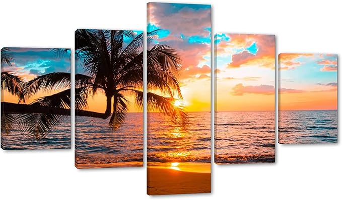 Yatsen Bridge Beaches Wall Art 5 Piece Set Sunset Poster Ocean Art Modern Seascape Pictures HD Print on Canvas Home Office Decor Framed Ready to Hang - 60''W x 40''H