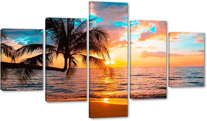 Yatsen Bridge Beaches Wall Art 5 Piece Set Sunset Poster Ocean Art Modern Seascape Pictures HD Print on Canvas Home Office Decor Framed Ready to Hang - 60''W x 40''H