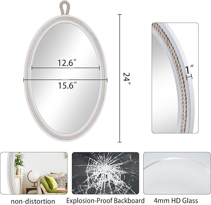 Oval Mirrors for Wall Decor Small White Nautical Rope Mirror Hanging Decorative Beach Coastal Mirror,24''Lx16''W,Oval