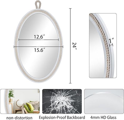 Oval Mirrors for Wall Decor Small White Nautical Rope Mirror Hanging Decorative Beach Coastal Mirror,24''Lx16''W,Oval