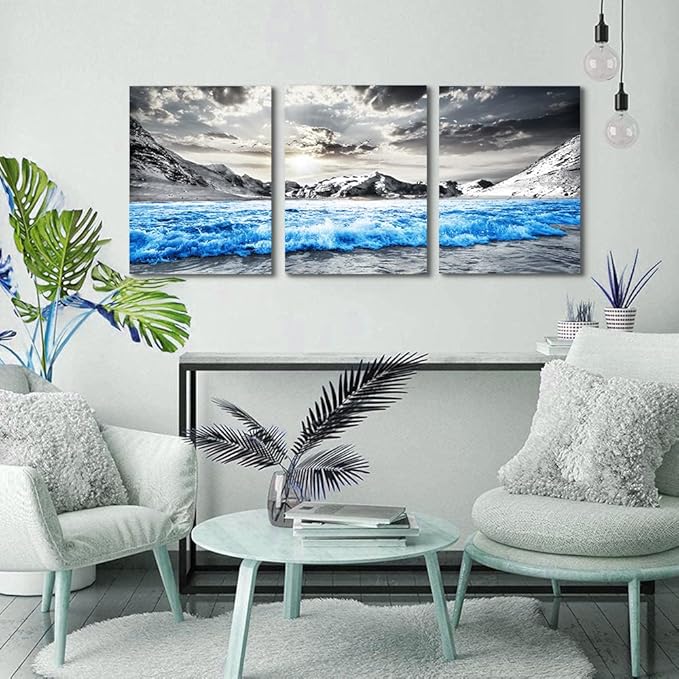 TTHYUEWS Large Canvas Art For Living Room, Bedroom & Office - Black And White Beach Wall Paintings - Blue Sea Wave Pictures - Stretched and Framed 3 Piece