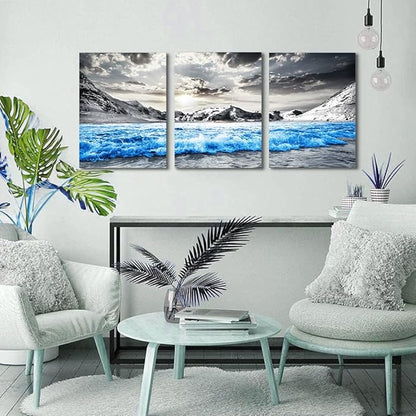 TTHYUEWS Large Canvas Art For Living Room, Bedroom & Office - Black And White Beach Wall Paintings - Blue Sea Wave Pictures - Stretched and Framed 3 Piece