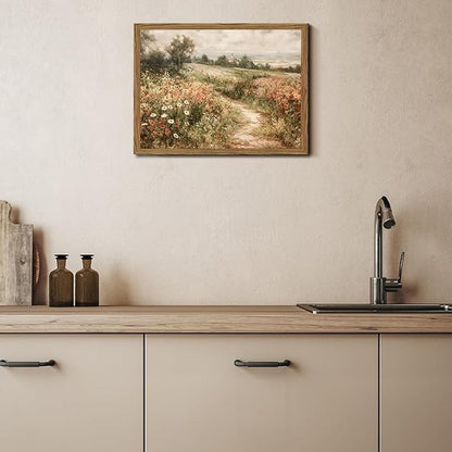 Vintage Floral Wall Art Nature Country Wildflower Wall Decor Painting Modern Botanical Flower Farmhouse Landscape Artwork 3D Textured Sandstone for Living Room Bedroom 16x24 inch Wood Framed