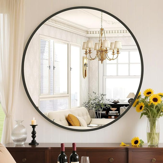 Sweetcrispy 36 Inch Round Wall Mirror with Tempered Glass, Bathroom Mirror Over Sink, Anti-Fog & Waterproof Round Mirror for Bathroom, Entryway, Bedroom, Shatterproof Design, Black
