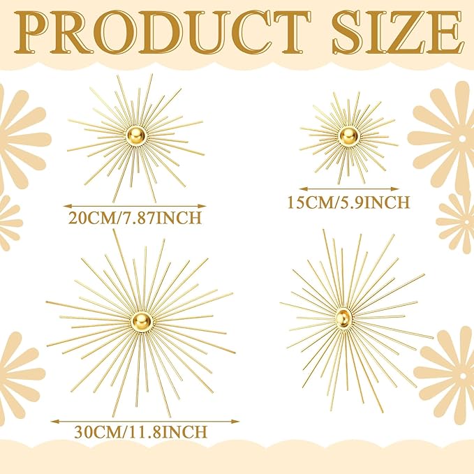 Fourluoo 3 Pack Gold Sunburst Mirrors for Wall Decor Circle Flowers Mirrors Decorative Gold Hanging Wall Art Flowers Mirror for Home Living Dinning Room Bedroom Bathroom Boho Decoration(Cute)
