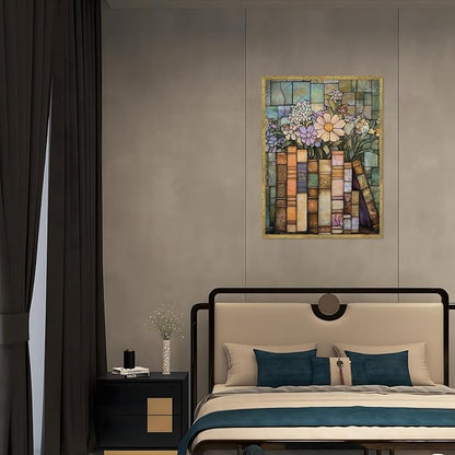 Large Gold Framed Stained Glass Books Wildflower Canvas Poster Print Vintage Floral Library Wall Art Trendy Flower Artwork Mid-century Botanical Book Stack Painting Pictures Wall Decor 24x36inch