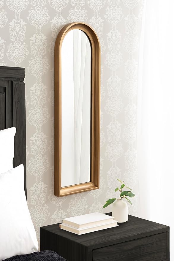 Kate and Laurel Hatherleigh Modern Slim Arched Panel Wall Mirror, 12 x 36, Gold, Transitional Narrow Wooden Arch Mirror for Use as Versatile Bedroom or Entryway Wall Decor