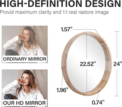 CONGUILIAO 24Inches Round Mirror Wood Wall Mirrors Decorative Circle Mirror, Nature Big Bathroom Large Vanity Mirrors for Living Room Bedroom Entryway Farmhouse