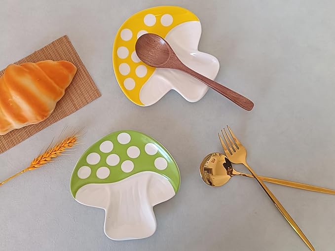 Ceramic Spoon Rest for Stove Top & Kitchen Counter Spoon Holder for Stove & Cooking Spoon Holder for Ladle Cute Spoon & Utensil Rest Tong Spatula Rest, Mushroom Kitchen Decor & Accessories (Green)