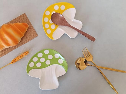 Ceramic Spoon Rest for Stove Top & Kitchen Counter Spoon Holder for Stove & Cooking Spoon Holder for Ladle Cute Spoon & Utensil Rest Tong Spatula Rest, Mushroom Kitchen Decor & Accessories (Green)
