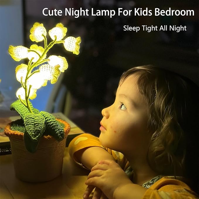Lily of The Valley Lamp, White Crochet Artificial Flowers with Night Lights, Cordless Table Lamp -Birthday Gifts for Women,Cozy Home Decor Mothers Day Gifts