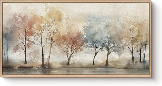 Bzstyleart Large Wood Framed Wall Art Watercolor Trees Print Abstract Landscape Painting Canvas Plant Pictures for Aesthetic Room Decor Countryside Wall Decor for Living Room 20x40in