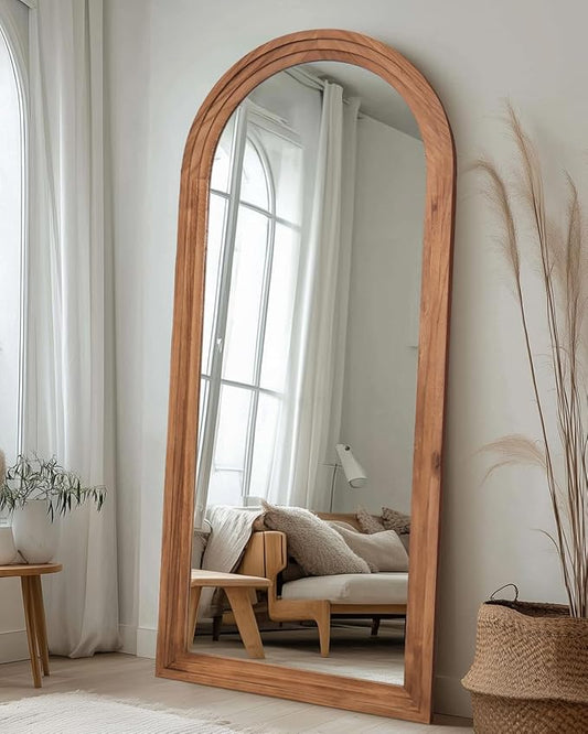 Full Length Mirror, 71"x32" Wooden Mirror Full Length with Stand Wood Floor Mirror, Oversized Stand Up Mirrors Large Wall Mirrors, Wall Mounted Mirrors, Arched Wood Style, Brown
