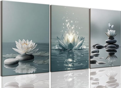AOYUSMO 3 Piece Lotus Flower Wall Art Zen Bathroom Wall Decor Spiritual Canvas Art Yoga Room Pictures Meditation Paintings Spa Artwork For Living Room Bedroom