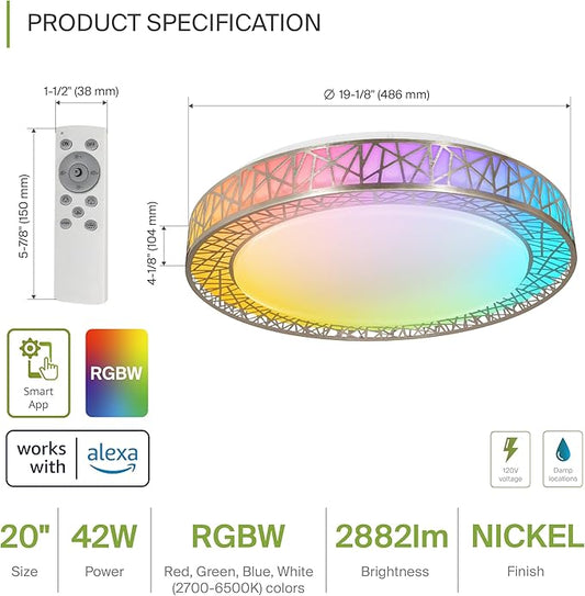 ASD 20 Inch Smart RGBW Flush Mount Ceiling Light with Remote - Brushed Nickel 42W 120V 2700-6500K Dimmable Ceiling Light Fixture, WiFi App Control RGB Lights, Alexa & Google Assistant - ETL, 2 Pack