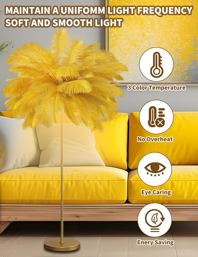 Feather Floor Lamp,Fluffy Ostrich Feather Floor Lamp for Bedroom,3 Color Temperatures Led Corner Modern Floor Lamps for Living Room Christmas Home Decor House Warming Gifts,63″ Height(Golden)