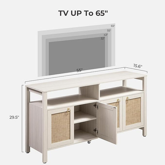SICOTAS Rattan TV Stand for Television up to 120" - Large Entertainment Center with Storage and Open Shelves, Boho Media TV Console Cabinet with Doors and Adjustable Shelf for Living Room