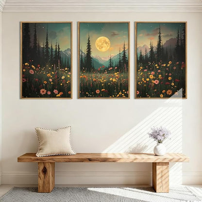 ANHUIB Moon Forest Wildflower Wall Art, Moonlit Pine Tree Wall Decor Dark Mountain Paintings Set of 3 for Living Room Bedroom Dining Room 16x24 Inch