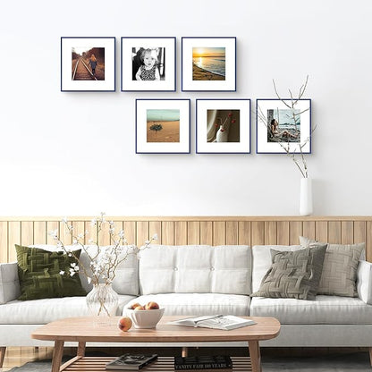 Golden State Art 12x12 Picture Frame 6 Pack - Navy Blue Aluminum Photo Frames With 8x8 Mats and Real Glass Cover - Elegant Minimalist Wall Gallery Frames for Home or Office Decor