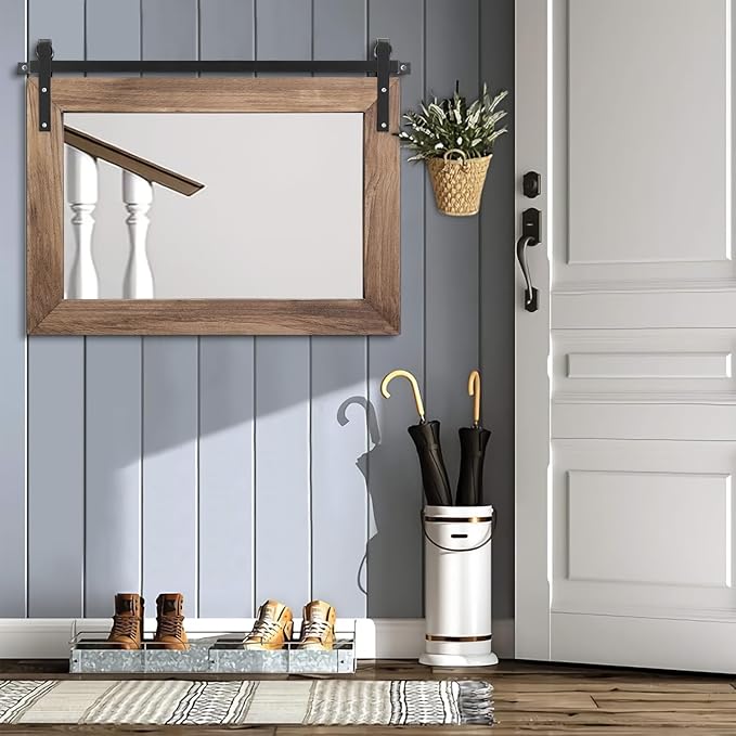 AAZZKANG Wood Mirror Rectangle Large Rustic Wall Mirror 18"x26" with Framed Bedroom Living Room Bathroom Hanging Mirror Horizontal
