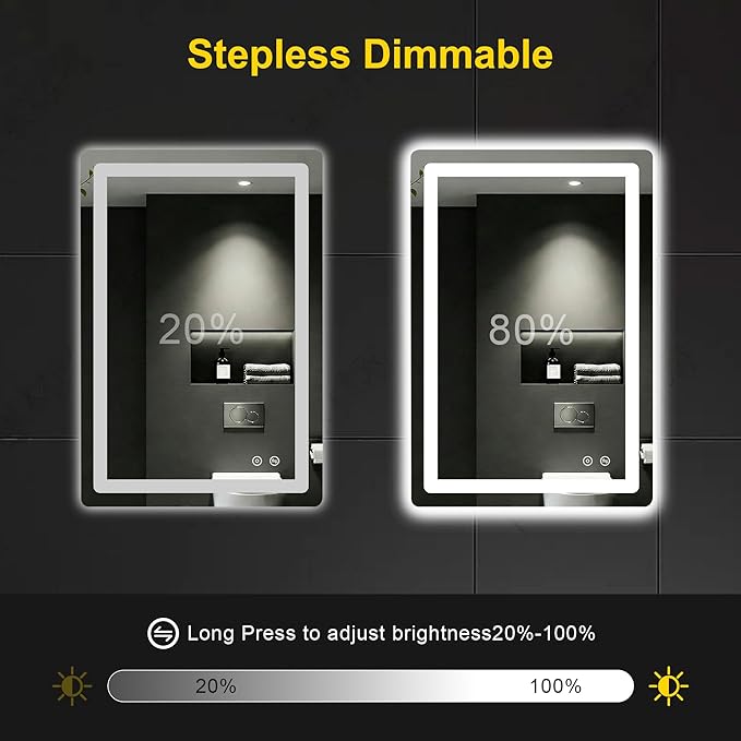 LED Bathroom Mirror with Lights - Anti-Fog, Dimmable, Backlit+Frontlit, 3 Color Light - 20"x30" Lighted Vanity Mirrors for Wall, Shatterproof Tempered Glass, Memory Function