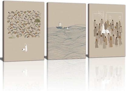 3Pcs Christian Wall Art Jesus Canvas Art Prints Beige Bible Sketches Painting Pictures Inspirational Scripture Artwork Posters Religious Wall Decor for Living Room Church Prayer Room 16”x24”x3