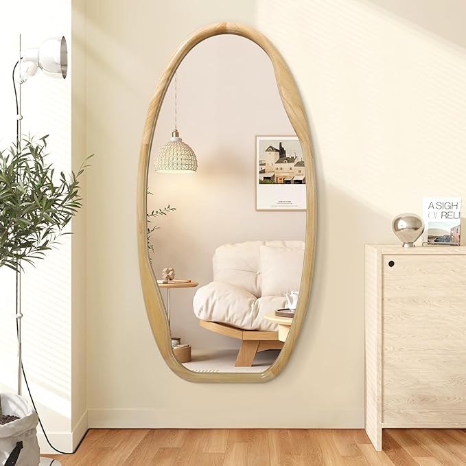 JJUUYOU Irregular Wood Frame Wall Mirror Asymmetrical Mirrors for Wall 40"X20" Decorative Wooden Hanging Mirror for Bathroom Bedroom Living Room Cloakroom Entryway Wood