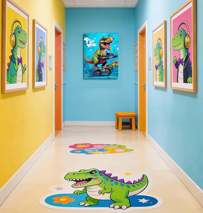 16x24 Graffiti Blue Skateboard T-Rex Dinosaur Canvas Wall Art Prints, Framed Watercolor Animal Pop Cool Painting, Funny Kids & Teen Boy Bedroom Decor, Home Bathroom Living Room Wall Poster Gift