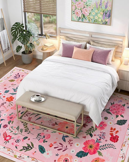 Macgace 6x9 Pink Floral Rug for Living Room, Machine Washable Area Rugs with Non Slip Backingfor Girls Bedroom, Cute Flowers Carpet Kitchen Dining Room Kids Playroom Decor