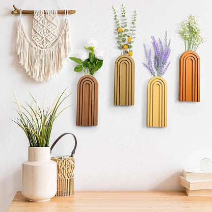Ziliny 4 Pack Boho Wood Hanging Planters - Indoor Wall Decor Plant Holders for Modern Farmhouse Living Room Bedroom Rainbow Decor (Mixed Colors)