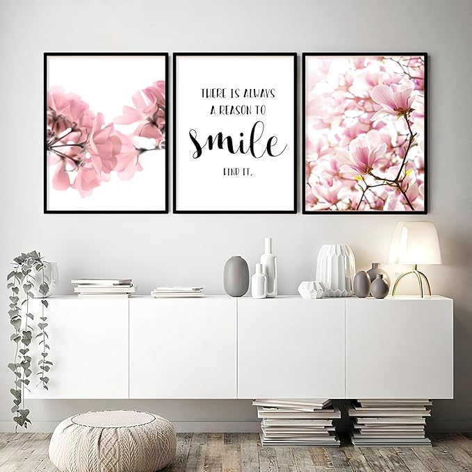 Framed Scandinavian Flower Canvas Poster Pink Magnolia Floral Print Painting Nordic Smile Quote Art Wall Pictures for Living Room Office Bedroom Home Decor -3 Pack (12 X 16Inch)
