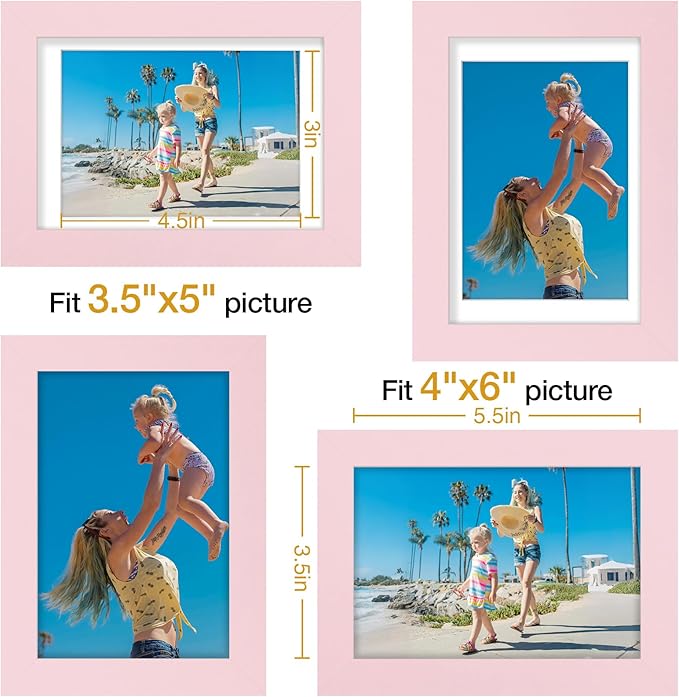 Vittanly 4x6 Picture Frames Set of 9, Display 3.5x5 Pictures with Mat or 4x6 without Mat, Photo Frames for Wall or Tabletop with Plexiglass, Engineered Wood, Pink