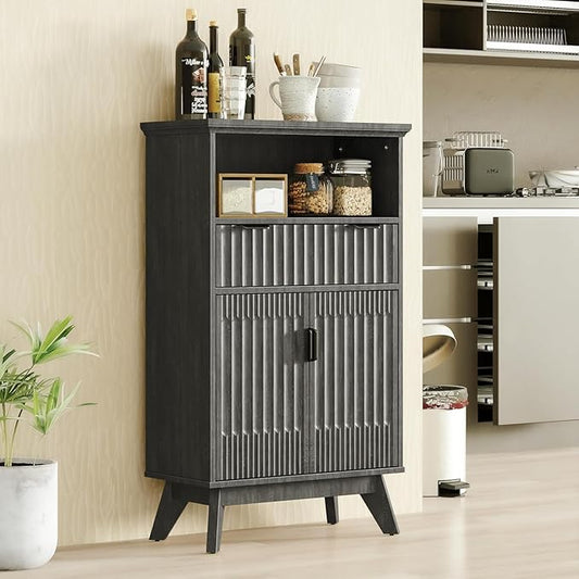 Fatmok Buffet Cabinet with Storage Set od 3, 40" Modern Fluted Coffee Bar Cabinet with Drawer & Open Shelf, Wood Buffet Sideboard Console Table for Entryway, Kitchen, Living Room (Black)