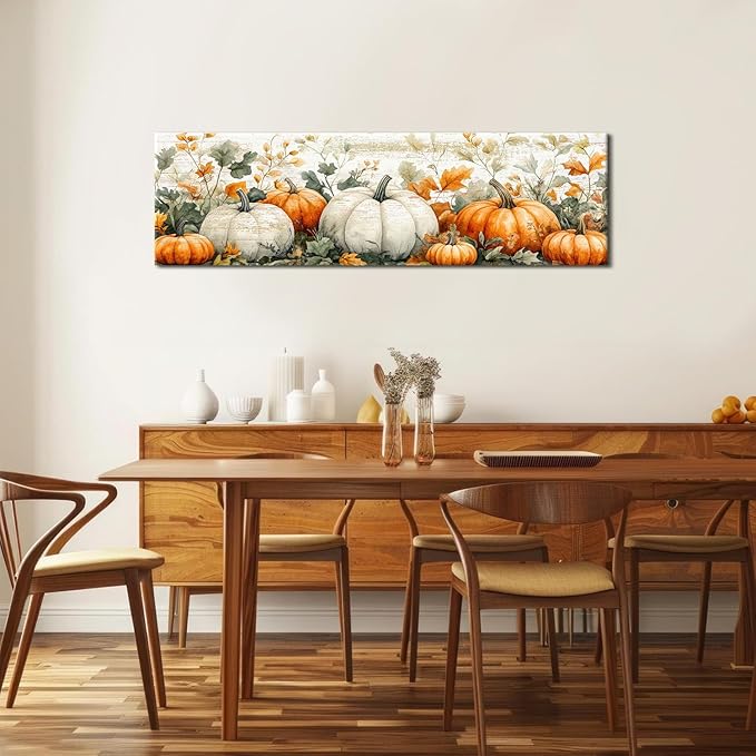 Pumpkin Canvas Wall Art Fall Picture Botanical Wall Decor for Kitchen Living Room, Rustic Flowers Scenic Prints Painting Holiday Decorations Watercolor Autumn Flowers Painting Poster Artwork 14x48”