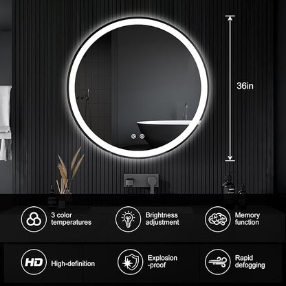 DUMOS 36 Inch Round LED Bathroom Mirror with Lights, Circle Vanity Mirror with Anti-Fog, Dimmable, 3-Color Light, Front Light and Backlit, Memory Function, Tempered Glass