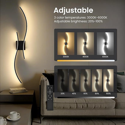 Battery Operated Wall Sconces Set of Two, 10000mAh Rechargeable Modern Wall Lights with Remote Control, Dimmable Black LED Cordless Lighting for Living Room, Bedroom, Hallway, 39.4 Inch, 3CCT