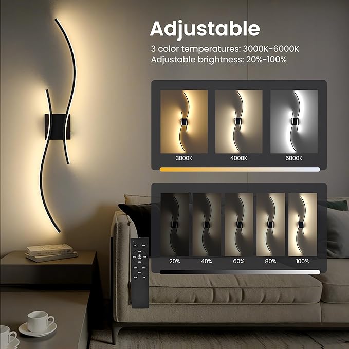 Battery Operated Wall Sconces Set of Two, 10000mAh Rechargeable Modern Wall Lights with Remote Control, Dimmable Black LED Cordless Lighting for Living Room, Bedroom, Hallway, 31.5 Inch, 3CCT