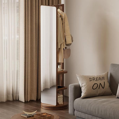 WoodsWhisper Full Length Mirror Coat Rack Solid Wood Floor Mirror 66"x12" Full Length Mirror with Stand Long Mirrors for Bedroom,Living Room (Deep Walnut, 66" Lx12 W)