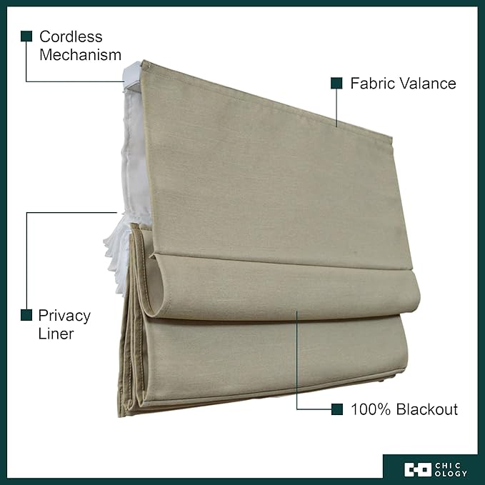 CHICOLOGY Cordless Roman Shade Window Treatment, Room Darkening Privacy Liner, True-to-Size No Deduction, Inside/Outside/Ceiling Mount, Cordless for Kids & Pets, 39" W x 64" H, Del Mar Sandcastle
