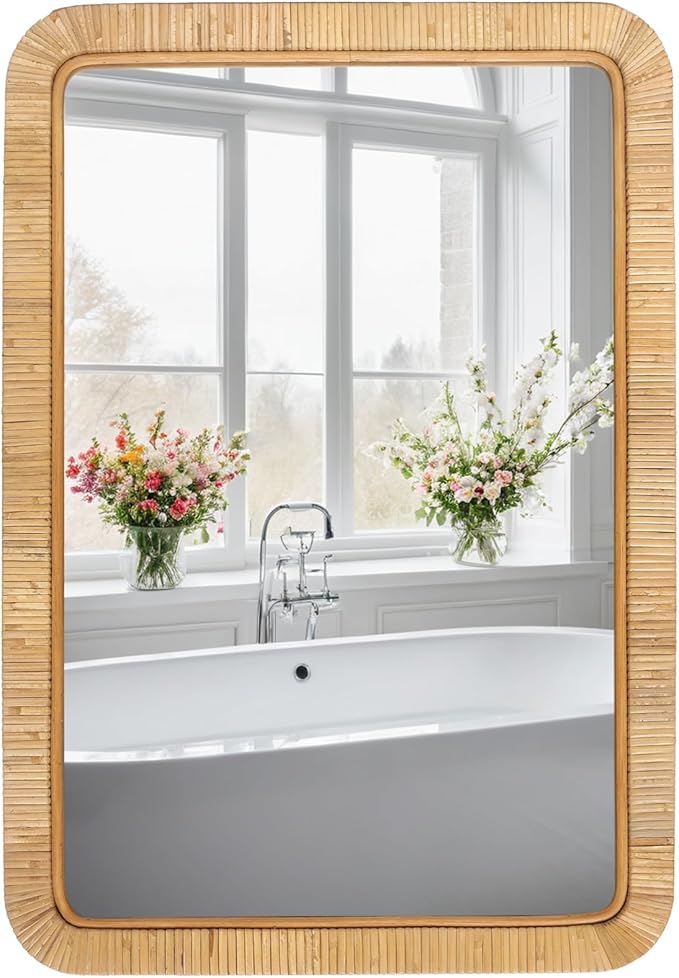 FUIN 20" x 30" Rattan Wicker Rectangle Wall Mounted Bathroom Mirror for Coastal Boho Nursery Decor, Natural