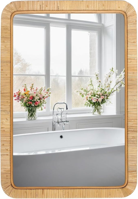 FUIN 20" x 30" Rattan Wicker Rectangle Wall Mounted Bathroom Mirror for Coastal Boho Nursery Decor, Natural