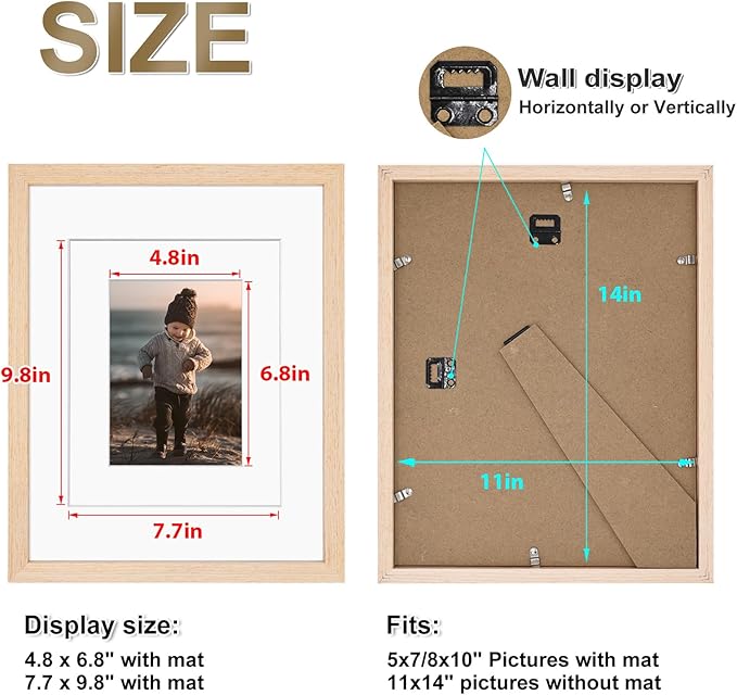 KINLINK 11x14 Picture Frame White Oak, Solid Light Wood Frames with Acrylic Plexiglass for Pictures 5x7/8x10 with Mat or 11x14 without Mat, Tabletop and Wall Display, Set of 4