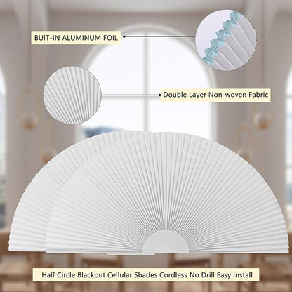 Arch Window Shade Blackout Cellular Shades Half Circle Moon Window Covering No Drill Honeycomb Cordless Blinds for Indoor Window Room Darkening Easy Install Light Blocking Blinds (1, White, 36x18inch)