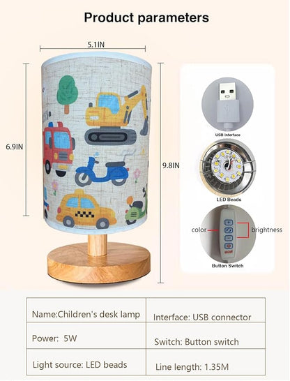 Kids Lamps for Bedrooms Boys, Car Lamp,3 Level Dimmable Wood Nightstand Desk Base Flaxen Fabric Shade for Bedroom Living Room,Car Gifts for Boys (car)
