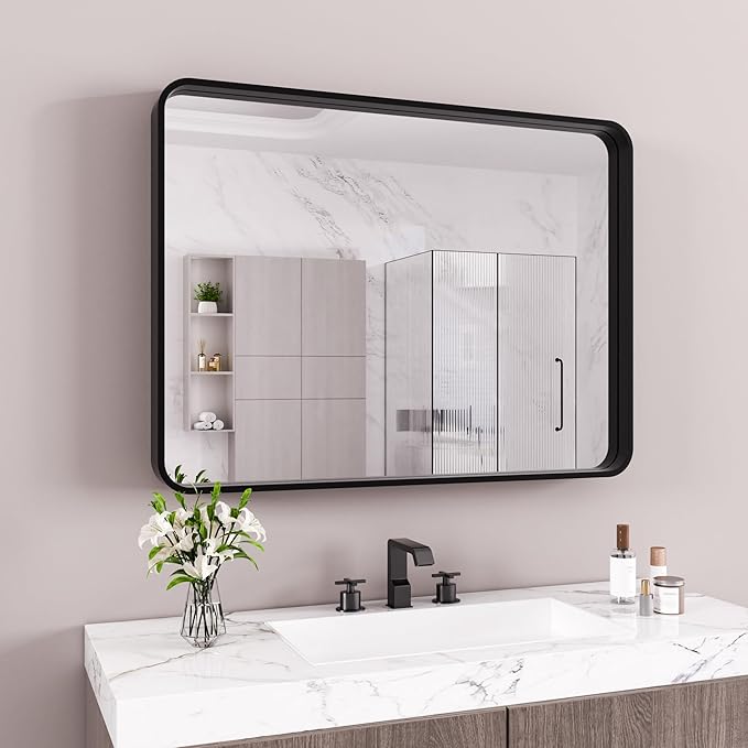 JISOSO Black Bathroom Mirror 40X30 Inch, Black Metal Framed Mirror for Wall, Rounded Rectangle Matte Bathroom Vanity Mirror with Tempered Glass, Anti-Rust, Horizontal/Vertical