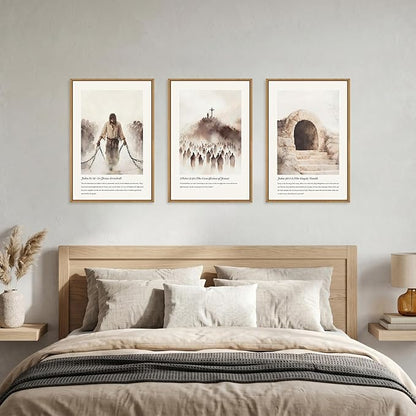 KAIRNE Jesus Christian Framed Canvas Wall Art Set,Neutral Bible Verses Wall Decor,Modern Religious Scripture Art Prints,Christ Cross Empty Tomb Artwork for Living Room,Bedroom,Church,Office-24 x36 x3