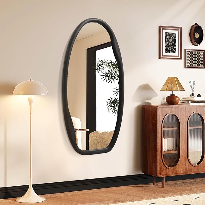JJUUYOU Irregular Wall Mirror Black Wood Frame Mirrors for Wall 40"X20" Large Asymmetrical Hanging Mirror Modern Horizontal or Vertical Mirrors for Living Room Bathroom Entryway Bedroom Farmhouse