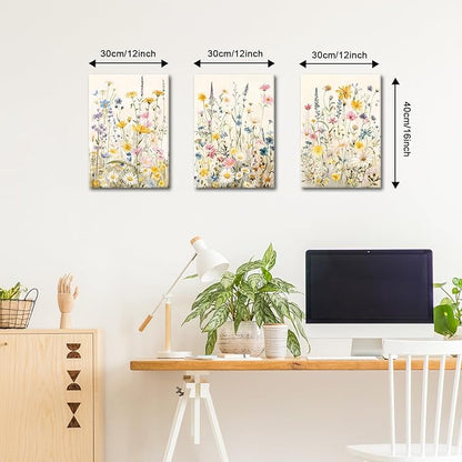 WENGTIAO 3Pcs Framed Colorful Wildflower Canvas Wall Art, Yellow Watercolors Flowers Wall Pictures Floral Canvas Prints Wall Decor Paintings for Living Room Girls Bedroom Ready to Hang 12"x16"x3