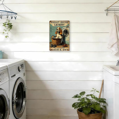Retro Metal Poster Basset Hound Laundry Wash And Dry Metal Tin Signs Vintage Plaque Wall Decor Gift for Office Club Bar Home Kitchen 12x8 Inch
